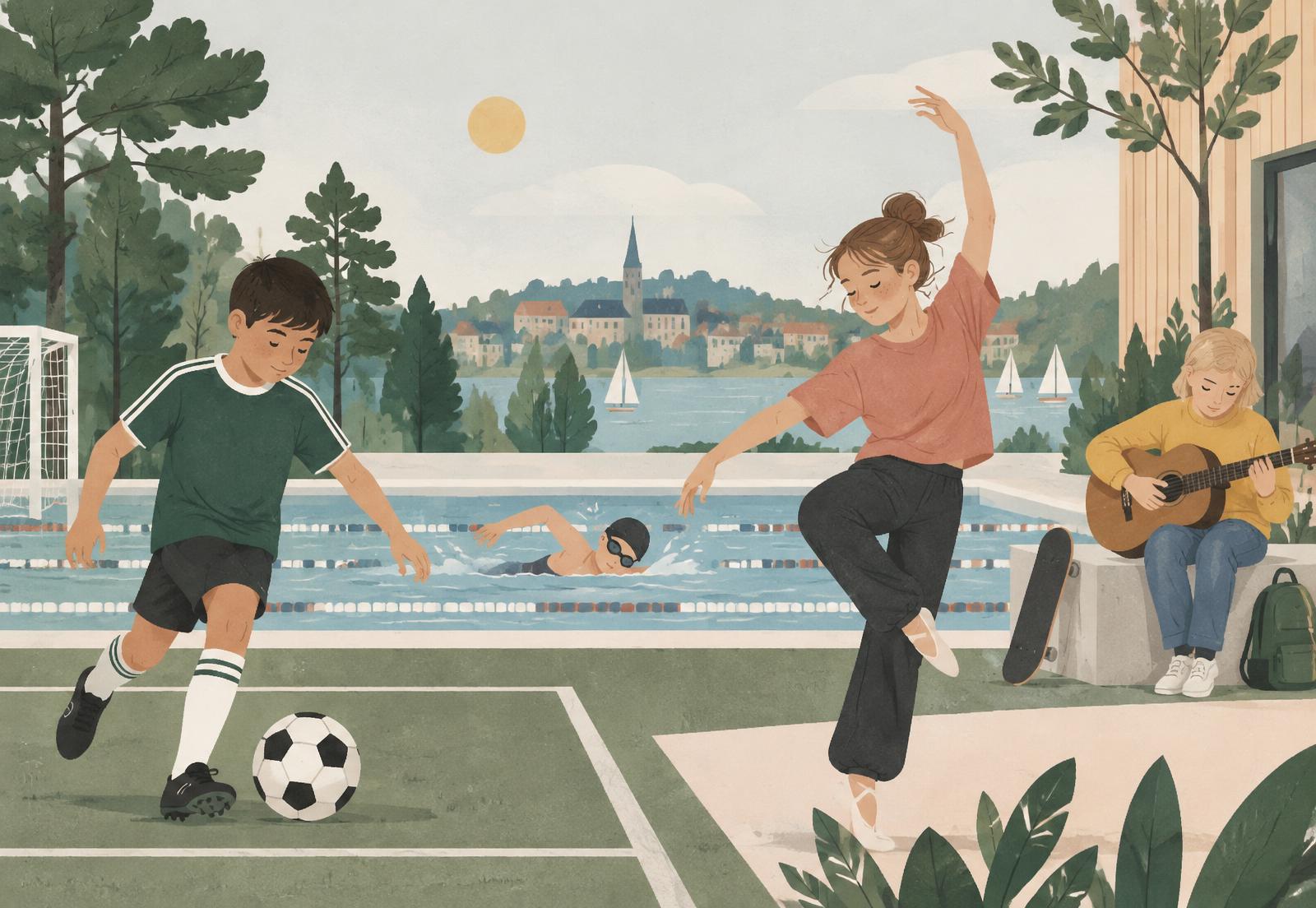 Illustration av barn som spelar fotboll, simmar, dansar och musicerar